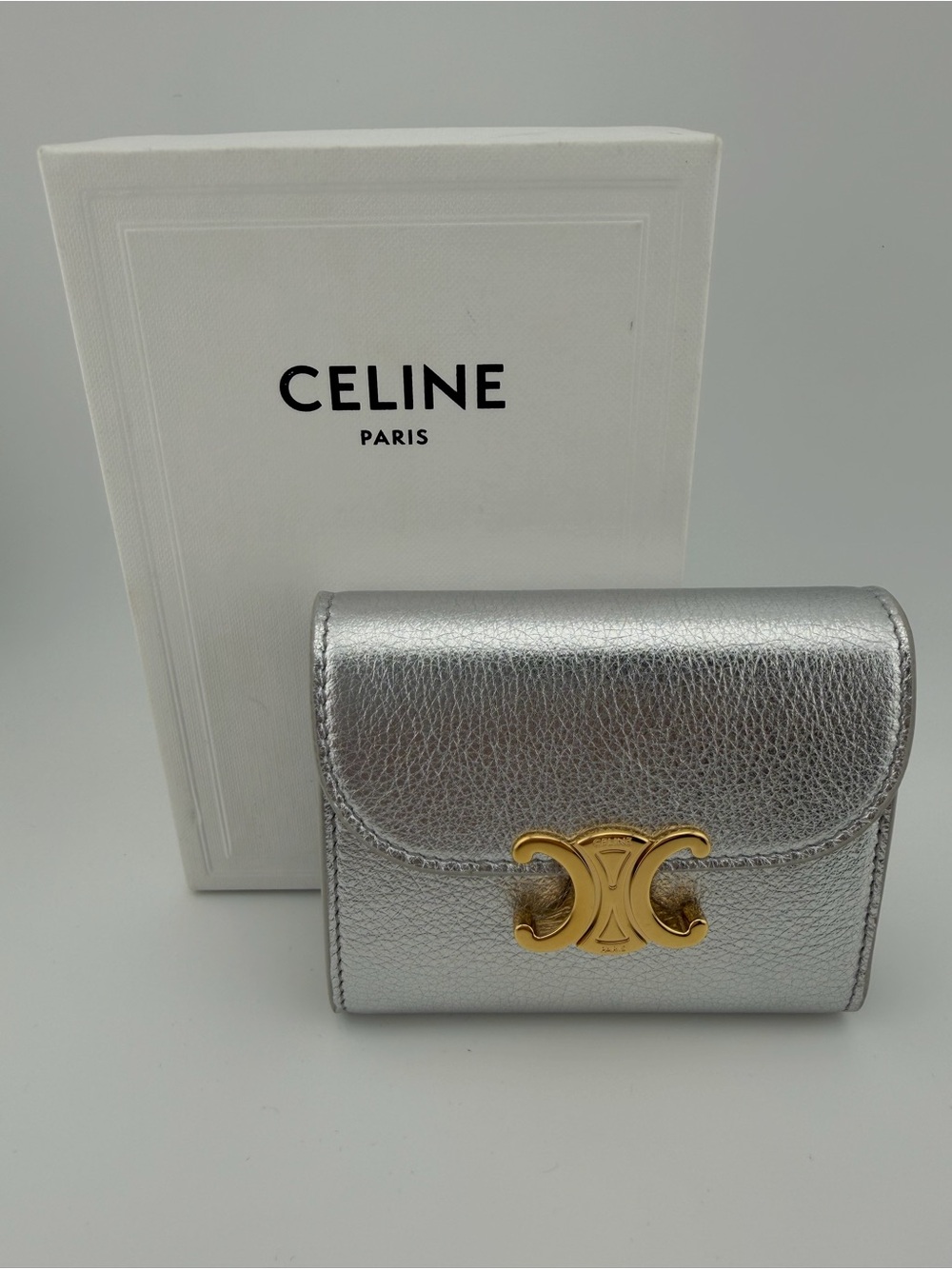 NEW Authentic Celine Silver Leather Triomphe Mini Wallet with Gold Hardware